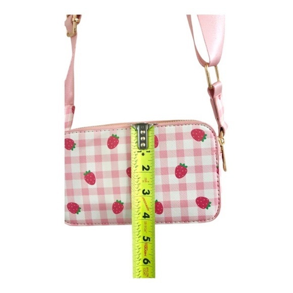 Pink plaid checkered strawberry print gold tone hardware crossbody canvas bag - Picture 12 of 13